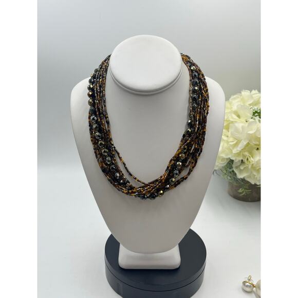 MultiStrand Brown Black Seed Bead Beaded Necklace Gold Tone Large Closure - Picture 8 of 9